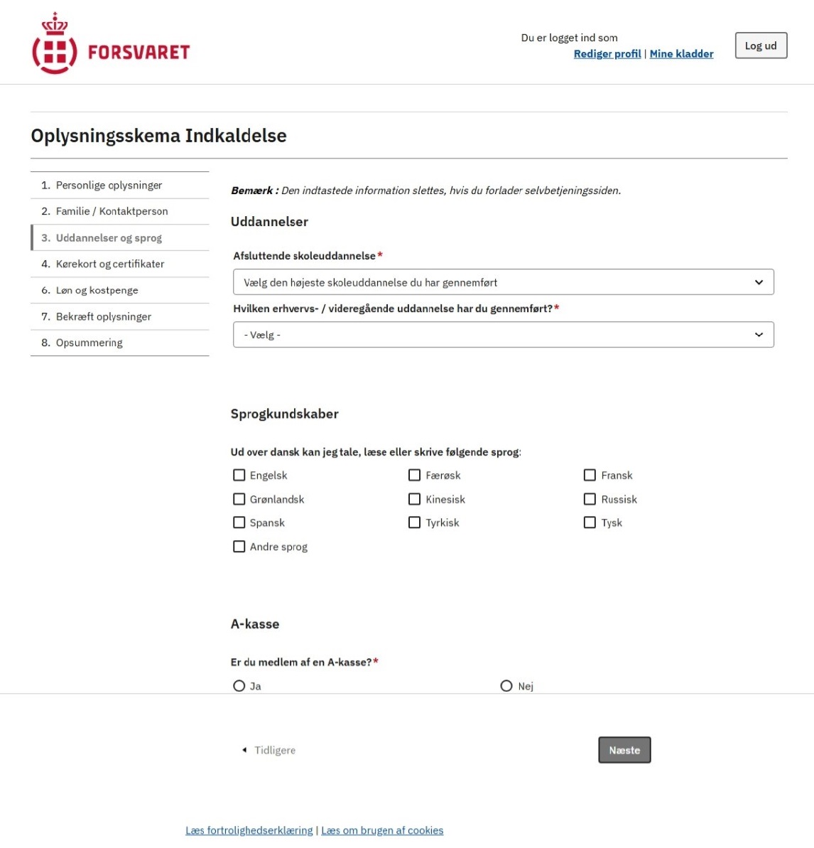 Skemaet sendes direkte til den værnepligtige i deres e-Boks.